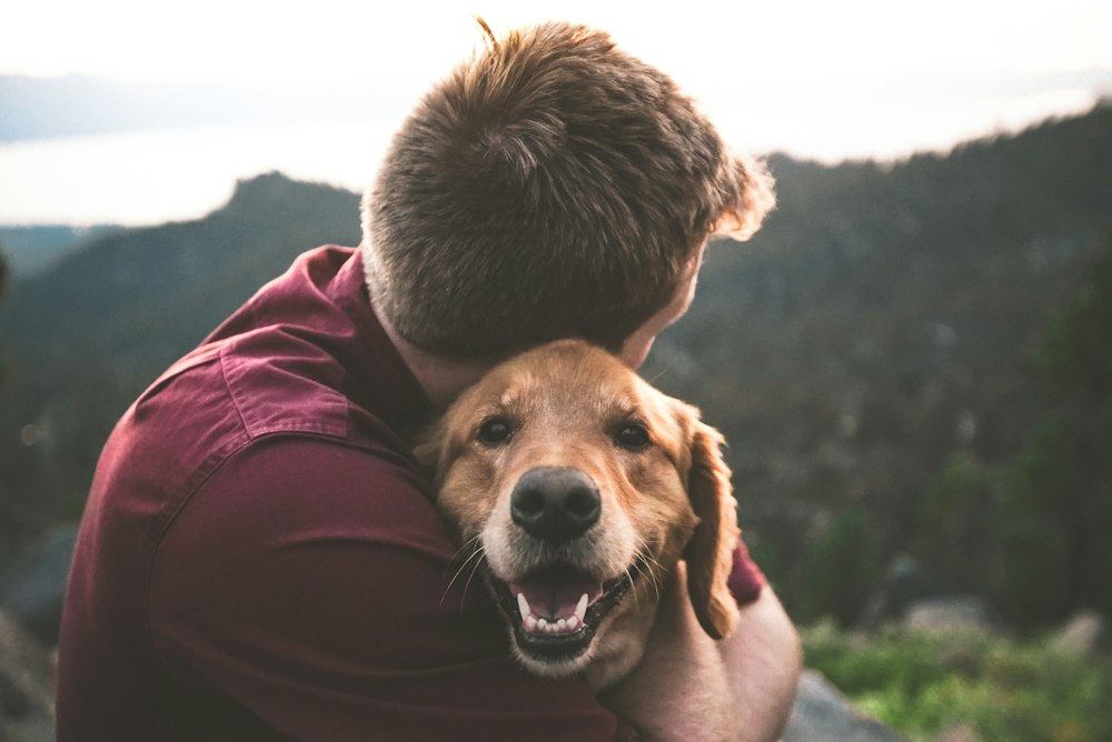 A man hugging his golden dog with hills behind them